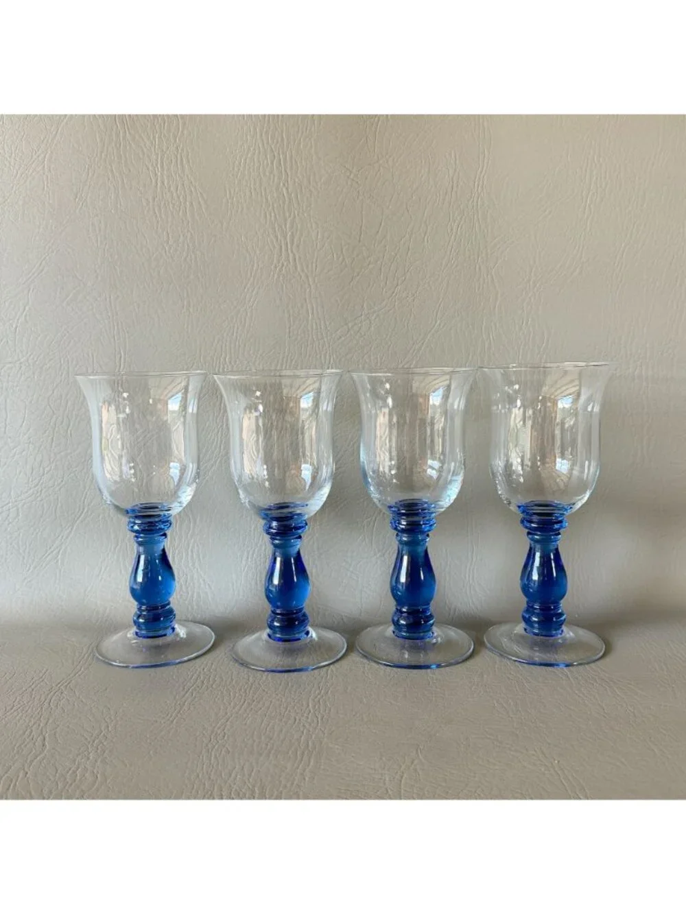 Vintage Royal Blue Stem Wine Glasses Water Goblets Tulip Clear Bowl Set of 4